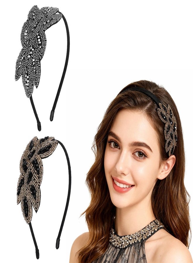 Sibba 1920s Headbands for Women, 2PCS Head Bands Accessories Crystal Bridal Wedding Black Headpiece 20s Rhinestone Flapper Vintage Hair Valentines Accessory for Girls Costume Prom Party Retro - Image 1
